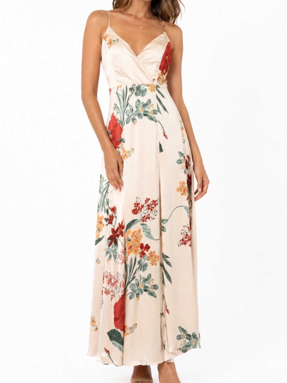Lulus - Still The One Floral Faux Wrap Gown In Cream Floral Print